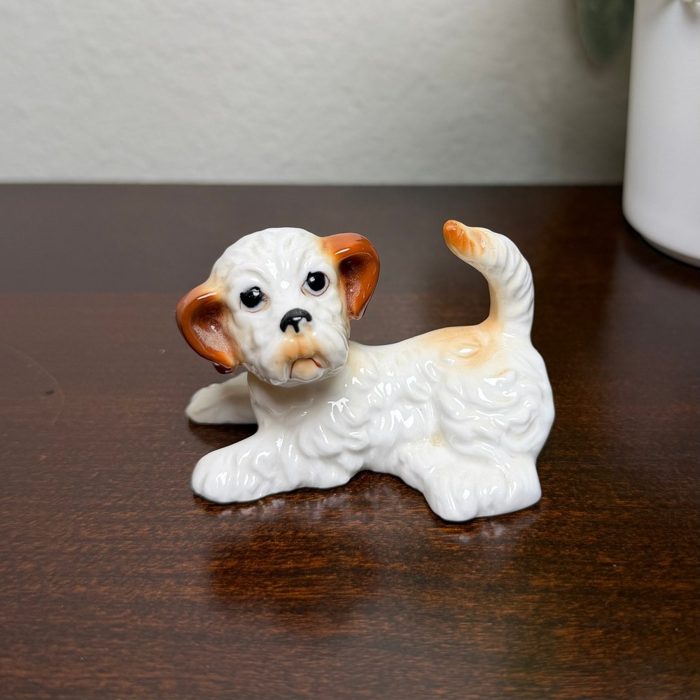 Vintage Bone China Dog Figurine Miniature White Brown Terrier Puppy Taiwan